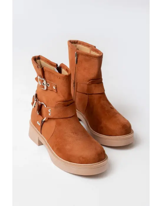 Taba Süet Toka Aksesuarlı Fermuarlı Günlük Kadın Bot
