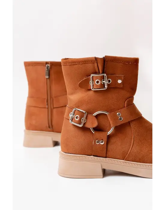 Taba Süet Toka Aksesuarlı Fermuarlı Günlük Kadın Bot