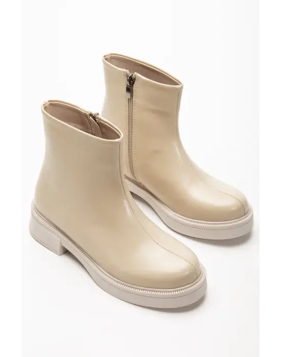 02-3033 Bej Kırışık Rugan Fermuarlı Günlük Kadın Bot