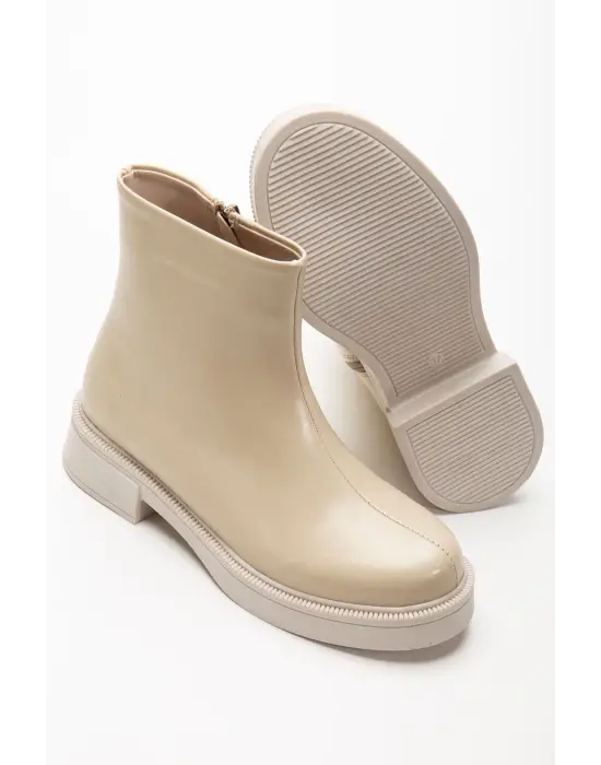 02-3033 Bej Kırışık Rugan Fermuarlı Günlük Kadın Bot