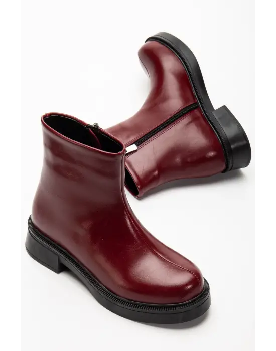 02-3033 Bordo Kırışık Rugan Fermuarlı Günlük Kadın Bot