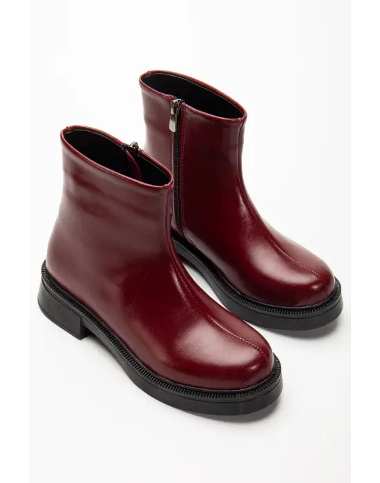 02-3033 Bordo Kırışık Rugan Fermuarlı Günlük Kadın Bot