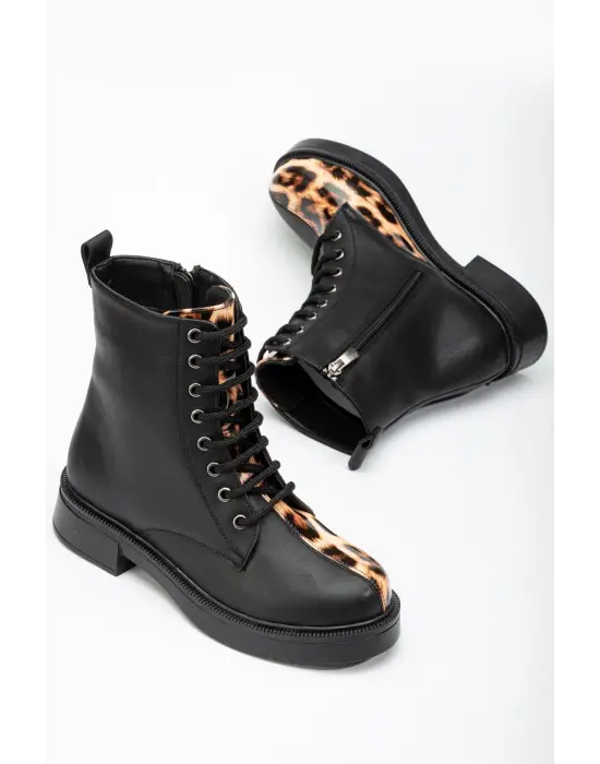 Siyah Cilt Leopar Bağcıklı Fermuarlı Günlük Kadın Bot