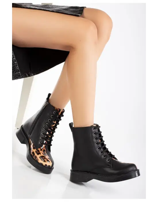 Siyah Cilt Leopar Bağcıklı Fermuarlı Günlük Kadın Bot