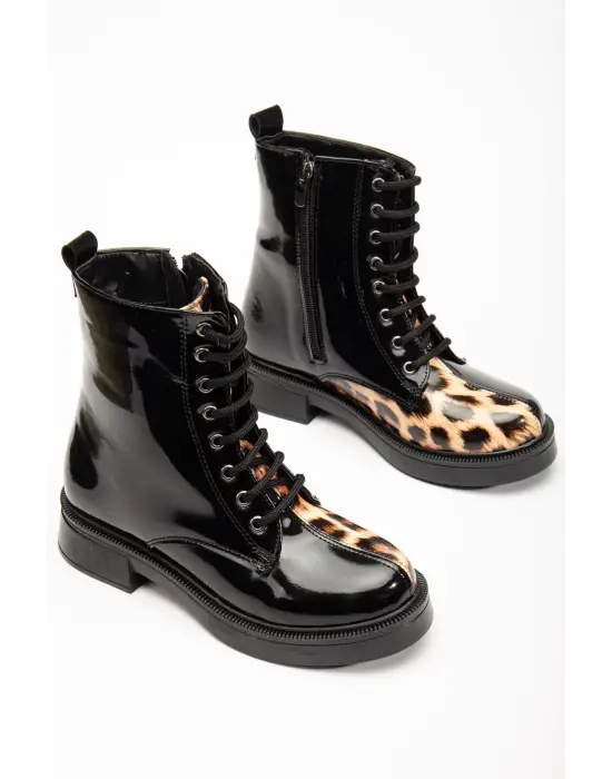 Siyah Rugan Leopar Bağcıklı Fermuarlı Günlük Kadın Bot