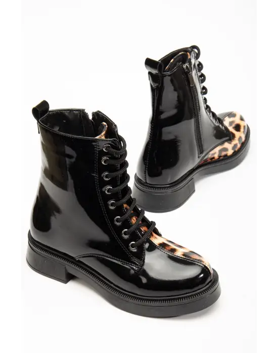 Siyah Rugan Leopar Bağcıklı Fermuarlı Günlük Kadın Bot