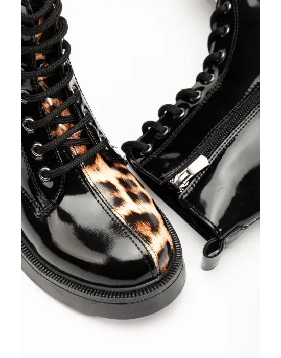 Siyah Rugan Leopar Bağcıklı Fermuarlı Günlük Kadın Bot