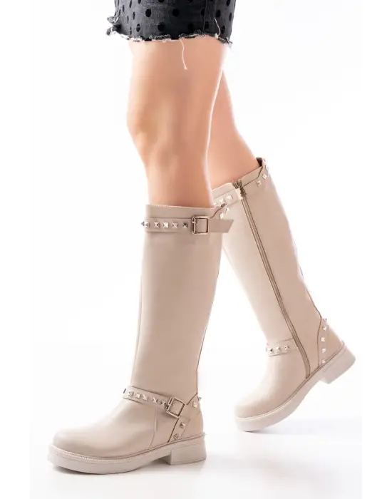 Bej Düz Topuklu Günlük Kadın Binici Çizme