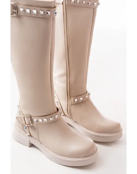 Bej Düz Topuklu Günlük Kadın Binici Çizme