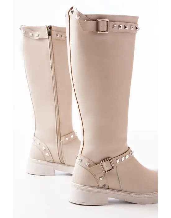 Bej Düz Topuklu Günlük Kadın Binici Çizme