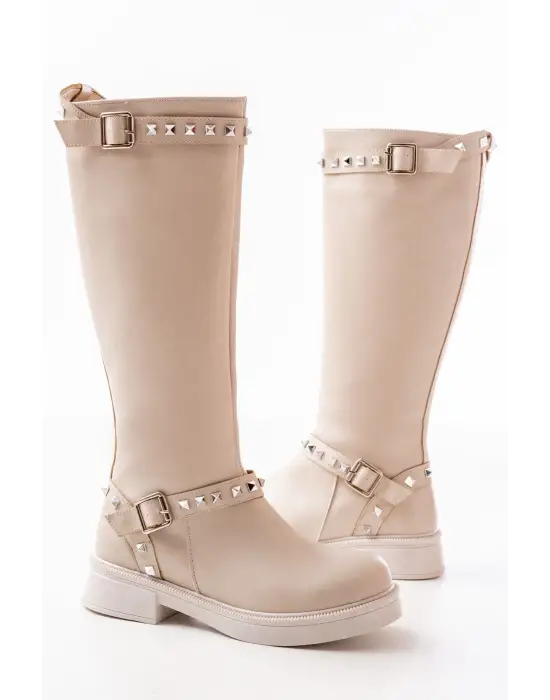 Bej Düz Topuklu Günlük Kadın Binici Çizme