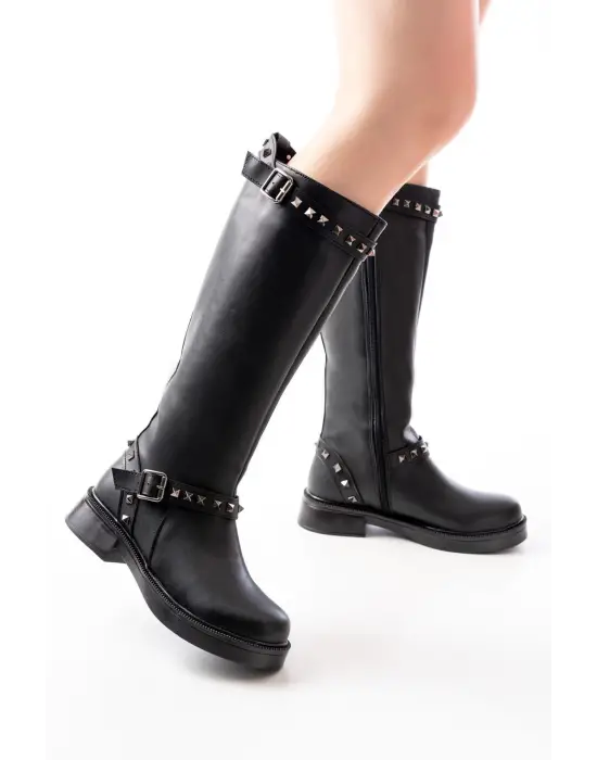 Siyah Düz Topuklu Günlük Kadın Binici Çizme