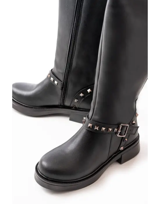 Siyah Düz Topuklu Günlük Kadın Binici Çizme