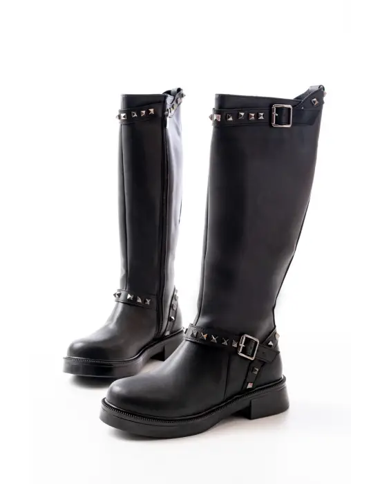 Siyah Düz Topuklu Günlük Kadın Binici Çizme
