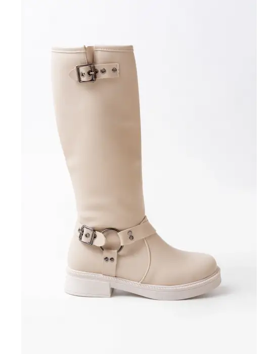 02-312 Bej Toka Aksesuarlı Fermuarlı Günlük Kadın Çizme