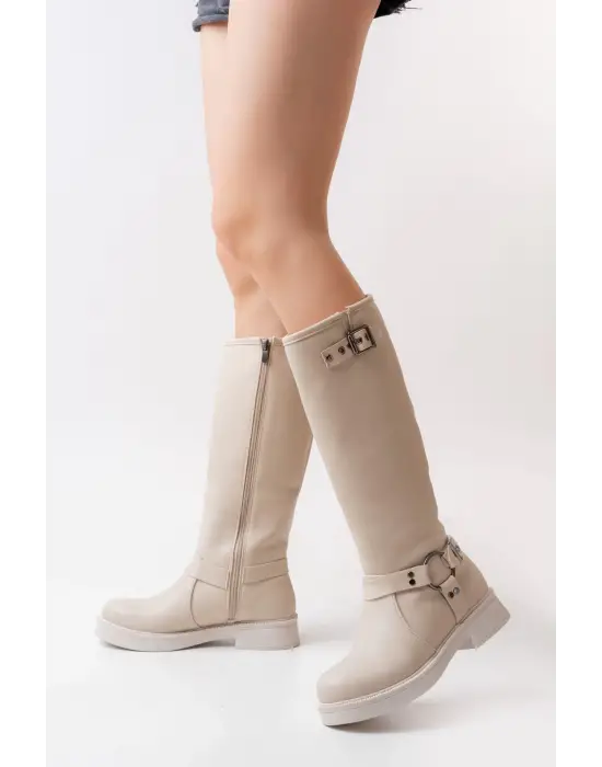 Bej Toka Aksesuarlı Fermuarlı Günlük Kadın Çizme