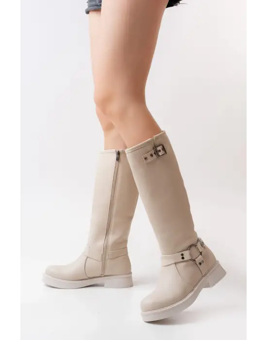 02-312 Bej Toka Aksesuarlı Fermuarlı Günlük Kadın Çizme
