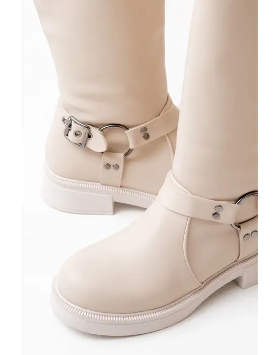 Bej Toka Aksesuarlı Fermuarlı Günlük Kadın Çizme