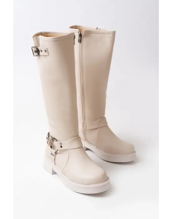 Bej Toka Aksesuarlı Fermuarlı Günlük Kadın Çizme