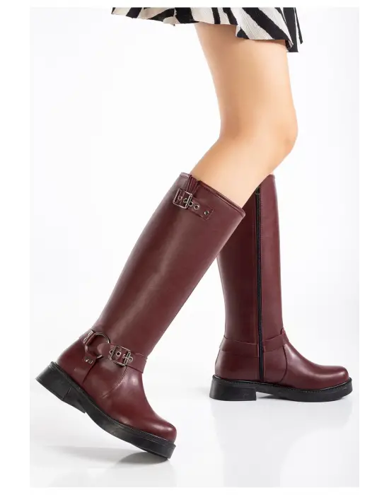 02-312 Bordo Toka Aksesuarlı Fermuarlı Günlük Kadın Çizme
