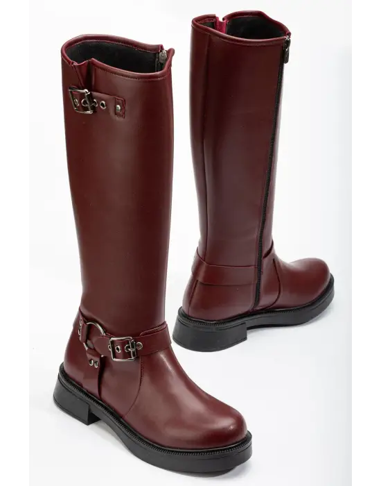 02-312 Bordo Toka Aksesuarlı Fermuarlı Günlük Kadın Çizme