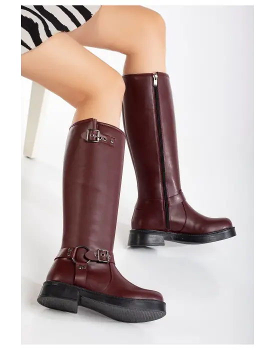 Bordo Toka Aksesuarlı Fermuarlı Günlük Kadın Çizme