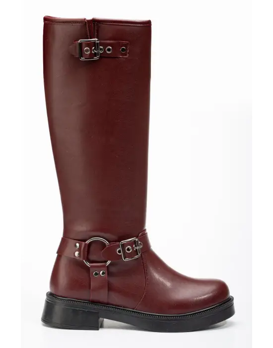 Bordo Toka Aksesuarlı Fermuarlı Günlük Kadın Çizme