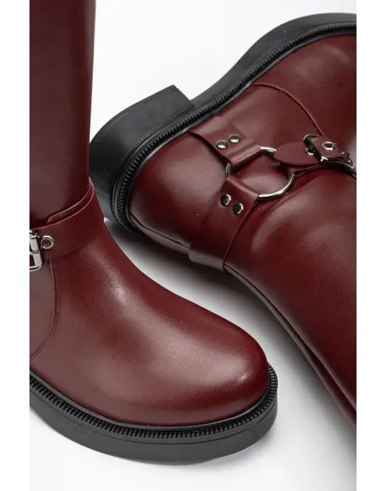 Bordo Toka Aksesuarlı Fermuarlı Günlük Kadın Çizme