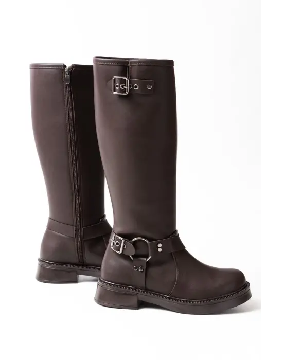 Kahverengi Toka Aksesuarlı Fermuarlı Günlük Kadın Çizme