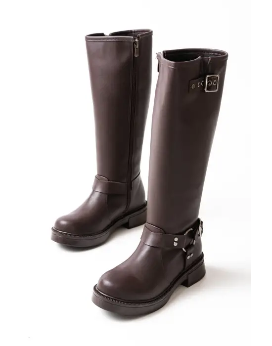 02-312 Kahverengi Toka Aksesuarlı Fermuarlı Günlük Kadın Çizme