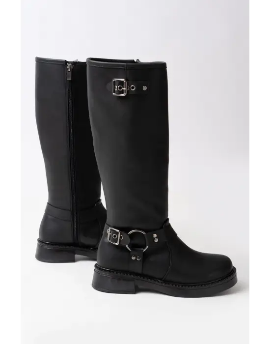 02-312 Siyah Toka Aksesuarlı Fermuarlı Günlük Kadın Çizme