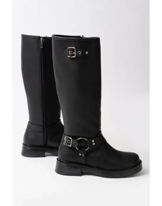 02-312 Siyah Toka Aksesuarlı Fermuarlı Günlük Kadın Çizme