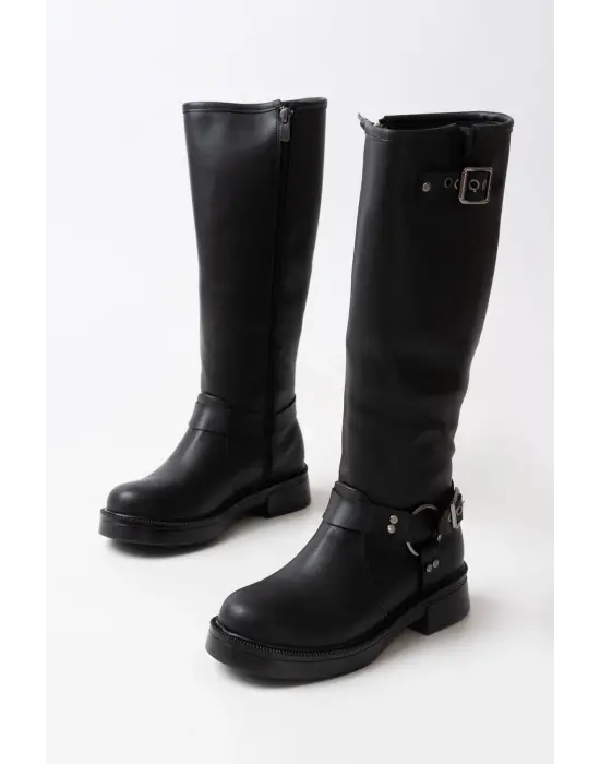02-312 Siyah Toka Aksesuarlı Fermuarlı Günlük Kadın Çizme