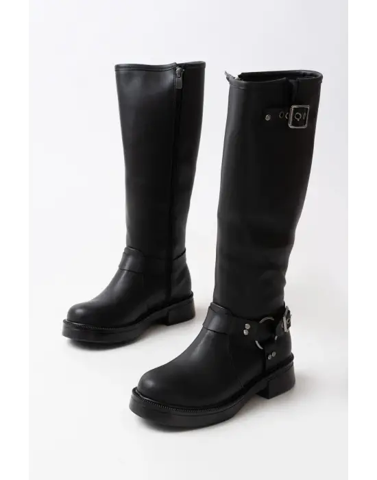02-312 Siyah Toka Aksesuarlı Fermuarlı Günlük Kadın Çizme