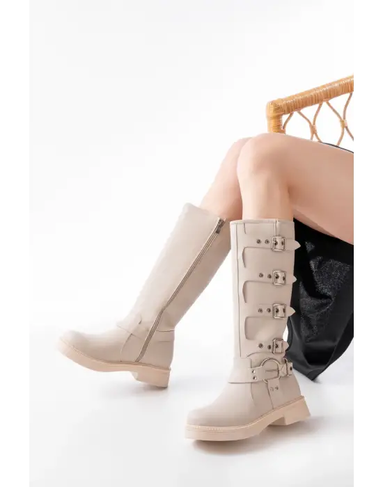 02-346 Bej Düz Topuklu Günlük Bayan Binici Çizme