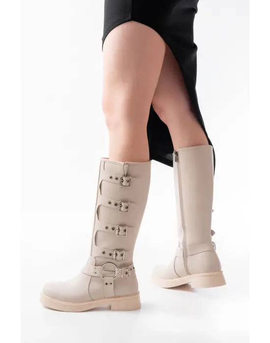 02-346 Bej Düz Topuklu Günlük Bayan Binici Çizme
