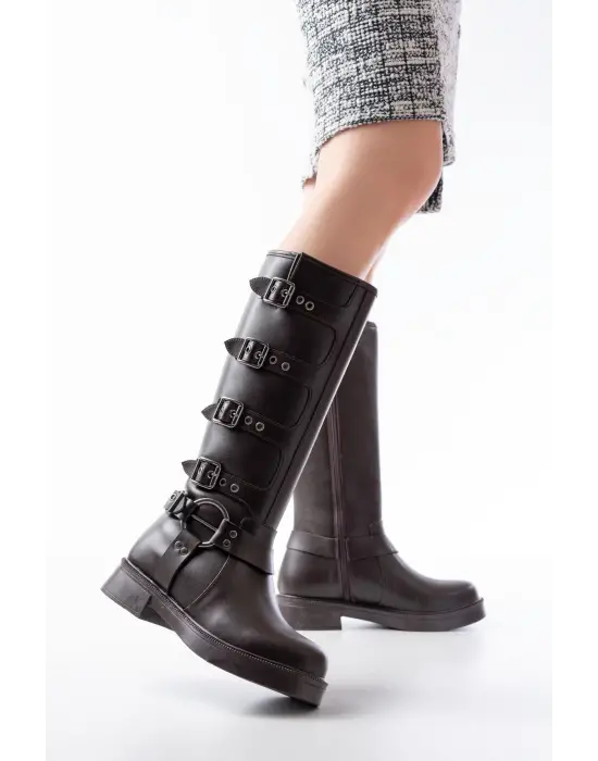 02-346 Kahverengi Düz Topuklu Günlük Bayan Binici Çizme