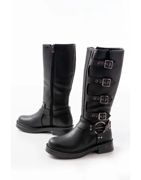 Siyah Düz Topuklu Günlük Kadın Binici Çizme