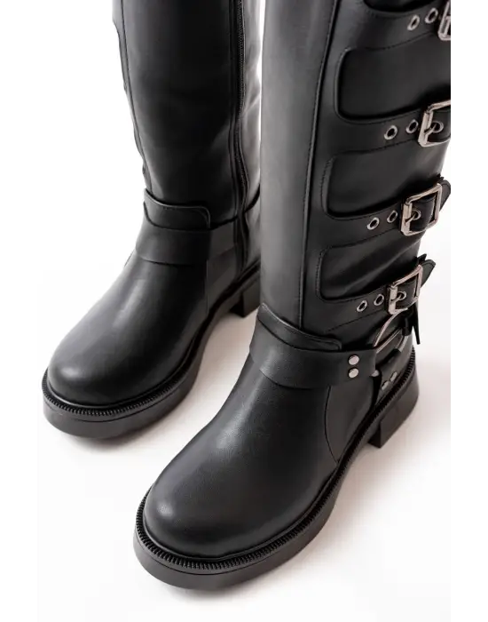 Siyah Düz Topuklu Günlük Kadın Binici Çizme