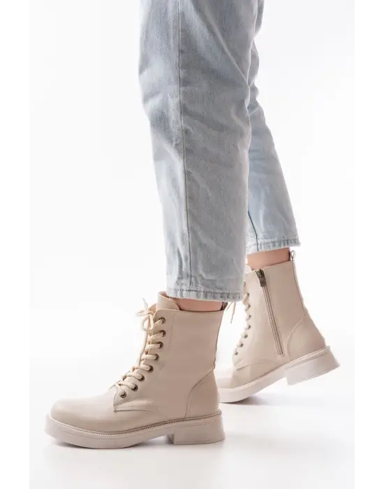 Bej Düz Topuklu Bağcıklı Fermuarlı Günlük Kadın Bot