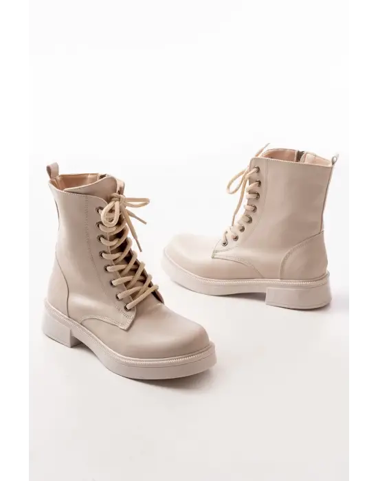 Bej Düz Topuklu Bağcıklı Fermuarlı Günlük Kadın Bot