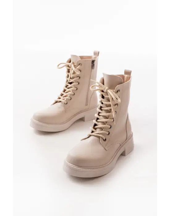 Bej Düz Topuklu Bağcıklı Fermuarlı Günlük Kadın Bot