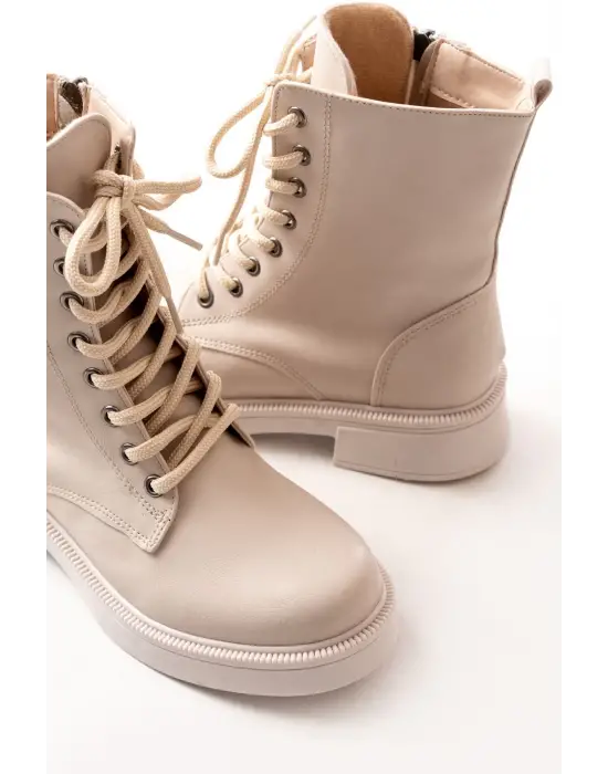 Bej Düz Topuklu Bağcıklı Fermuarlı Günlük Kadın Bot