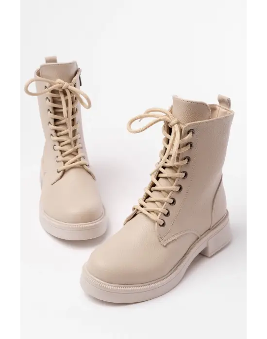 Bej Galata Düz Topuklu Bağcıklı Fermuarlı Günlük Kadın Bot