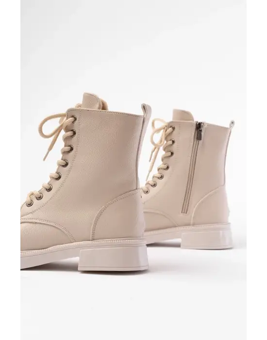 Bej Galata Düz Topuklu Bağcıklı Fermuarlı Günlük Kadın Bot