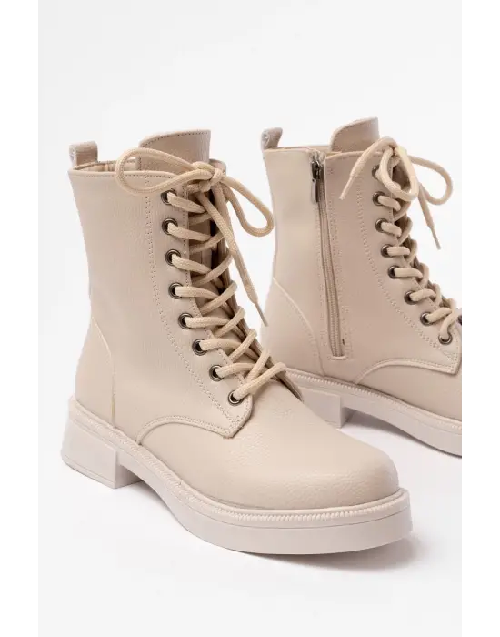 Bej Galata Düz Topuklu Bağcıklı Fermuarlı Günlük Kadın Bot