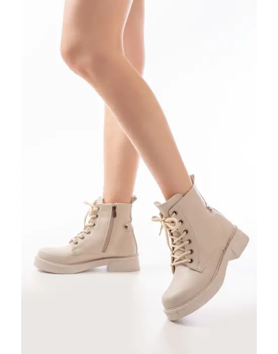 Bej Galata Düz Topuklu Bağcıklı Fermuarlı Günlük Kadın Bot