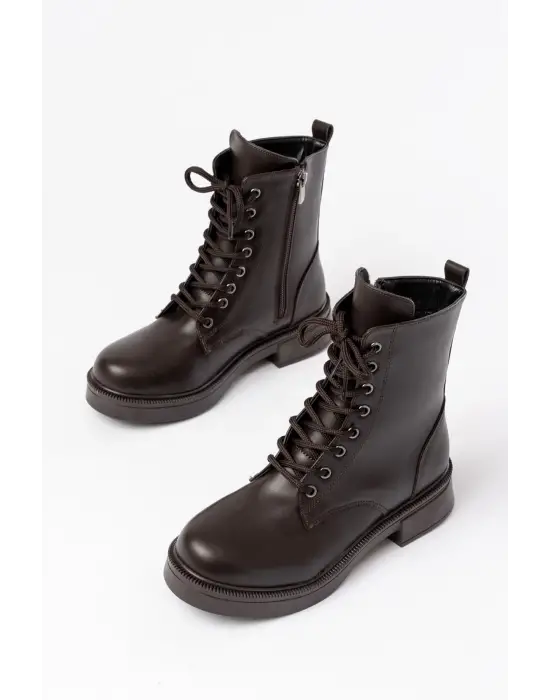 Kahve Düz Topuklu Bağcıklı Fermuarlı Günlük Kadın Bot