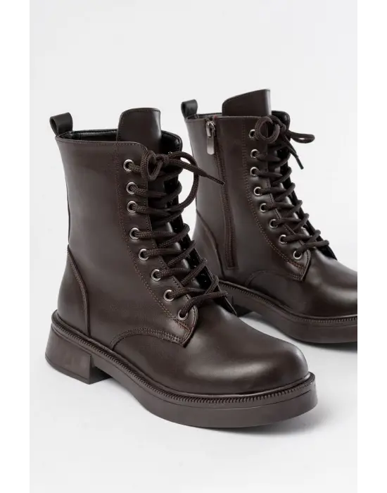 Kahve Düz Topuklu Bağcıklı Fermuarlı Günlük Kadın Bot