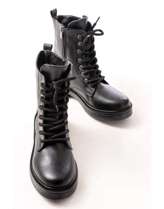 Siyah Düz Topuklu Bağcıklı Fermuarlı Günlük Kadın Bot